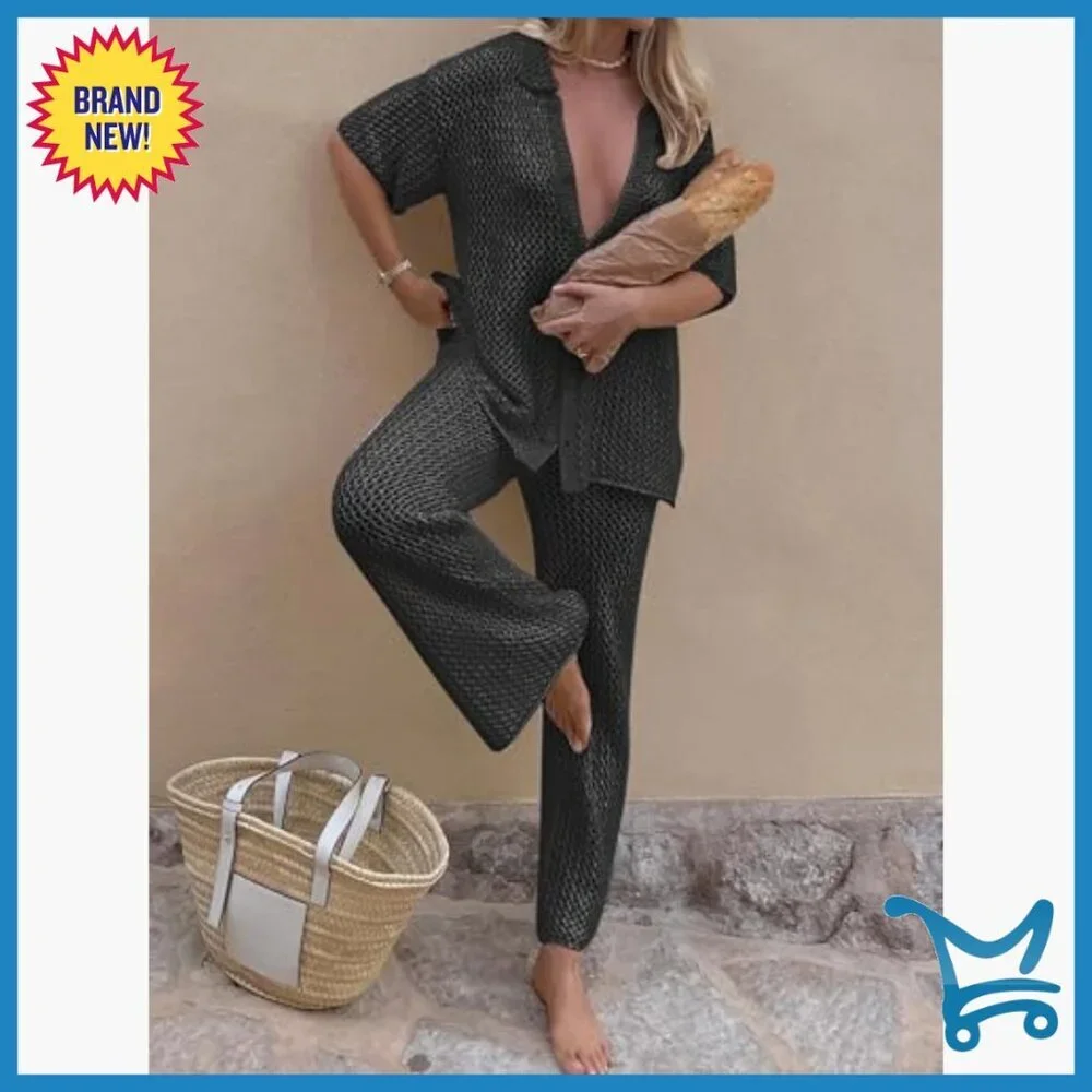 Large Loose Fit Acrylic Hollow Out Beach Cover Up Set 2 Piece